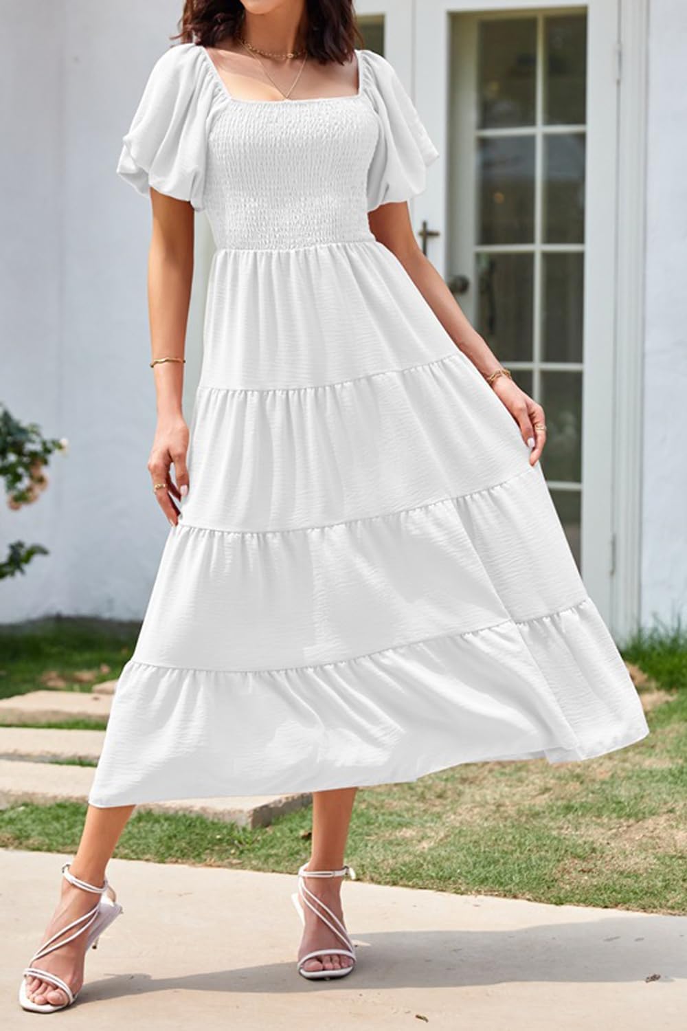 Detalle de Vcindai Damen A-Linie Kleid – Sommer Midi mit Puffärmeln