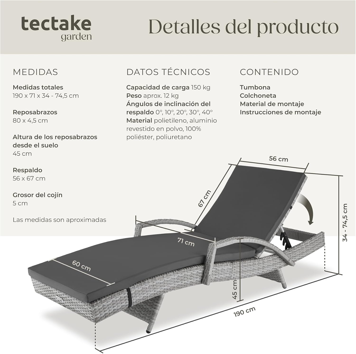 Thumbnail 2 de tectake® Tumbona de jardín con respaldo 5 posiciones