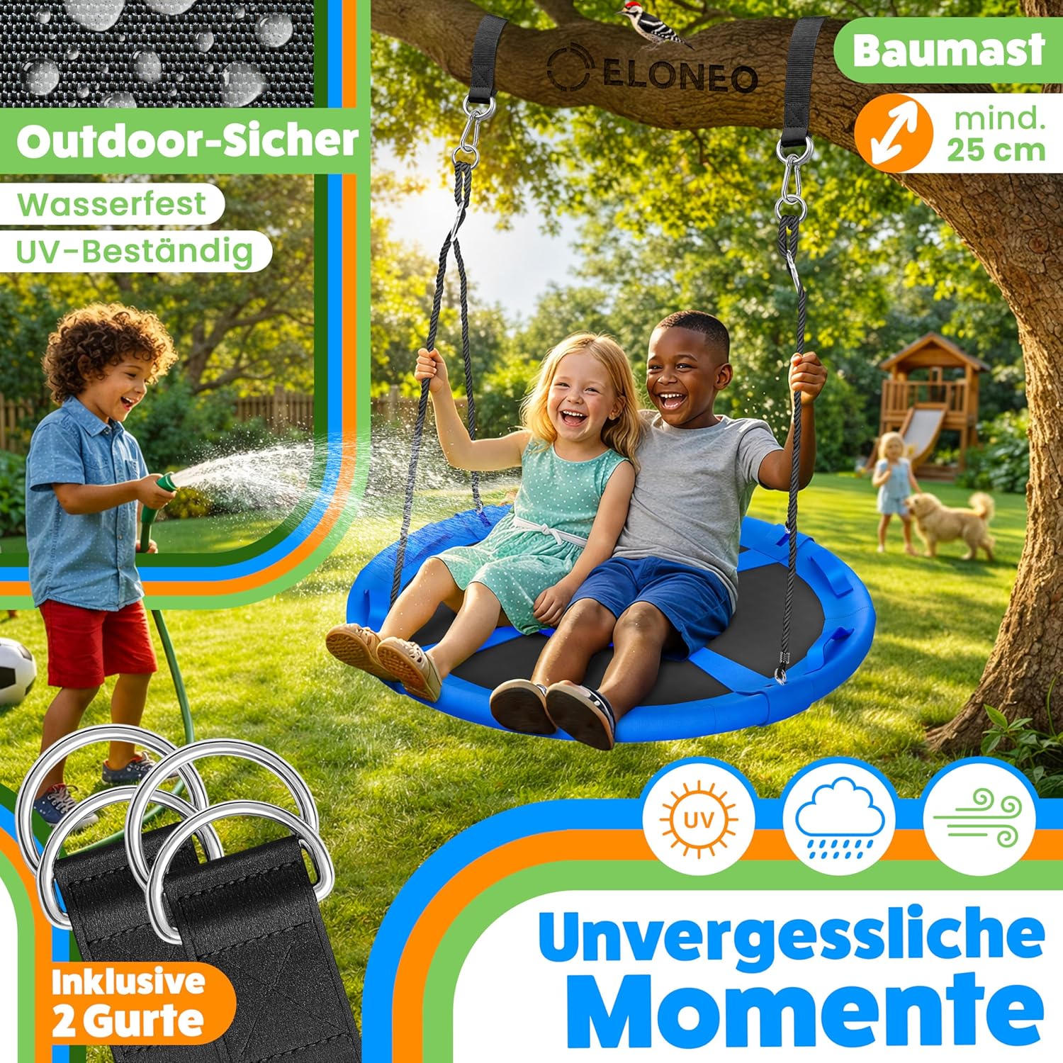 Detalle de ELONEO Balançoire nid | balançoire ronde 90 cm, charge 300 kg et kit accessoires – pour intérieur et extérieur