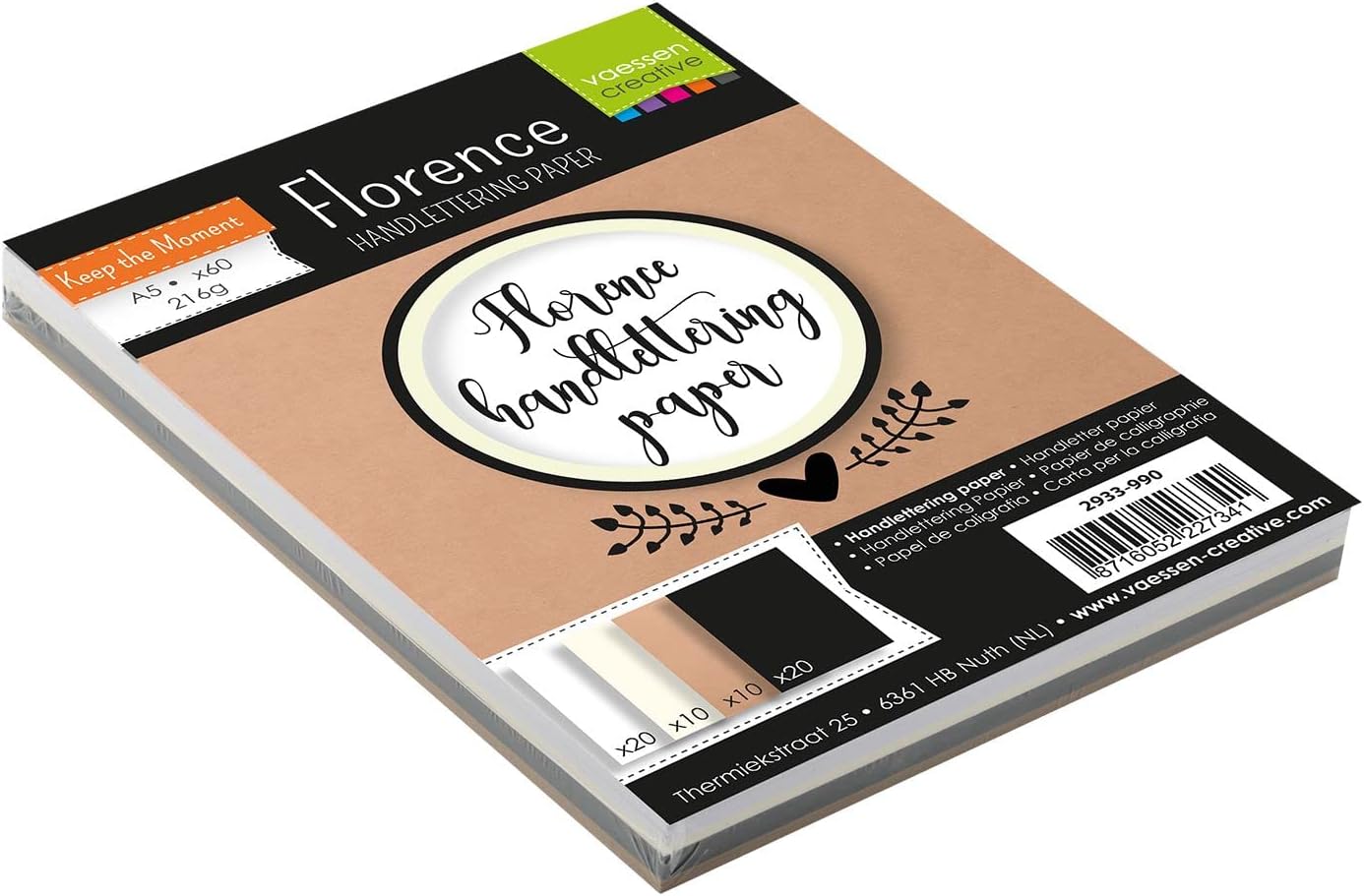 Detalle de Florence Papier Calligraphie A5 – 60 feuilles multicolores (Blanc, Noir, Blanc cassé, Kraft) – 216 g/m², surface lisse
