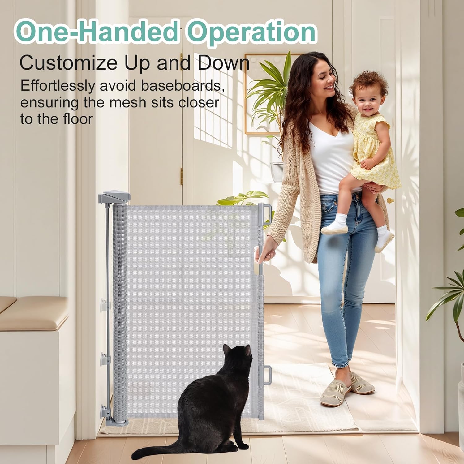 Thumbnail 3 de Retractable Stair Gate for Baby, Dog Gate – 150 cm Wide, 86 cm Tall (Grey)