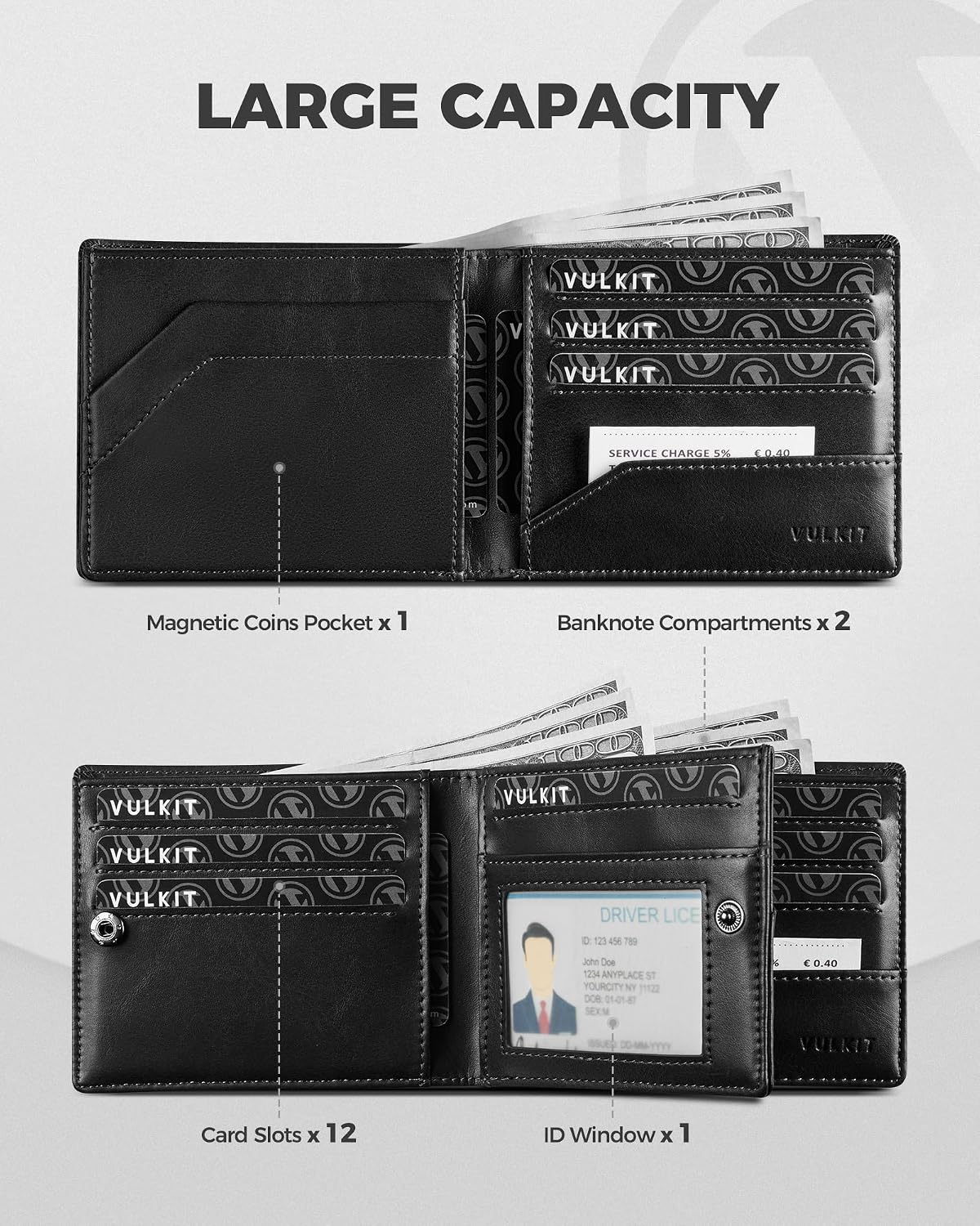 Thumbnail 2 de VULKIT Bifold Leather Wallet RFID Blocking