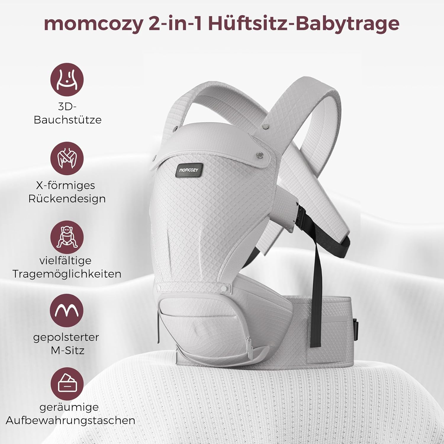 Thumbnail 1 de Momcozy Babytrage mit Hüftkissen 2-in-1 – Grau, bis 20 kg, 6 Tragepositionen