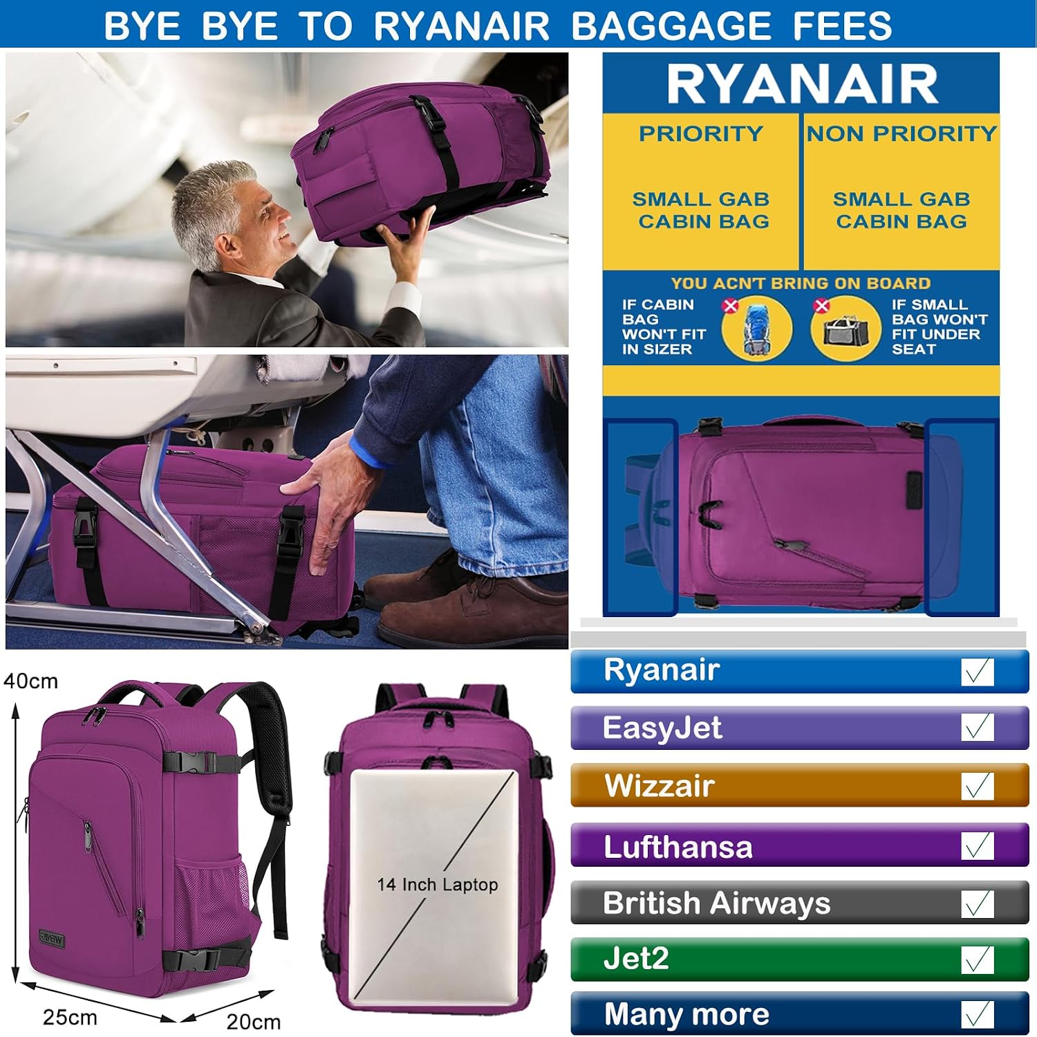 Detalle 2 de Sac à dos cabine 40x20x25 20L pour Ryanair