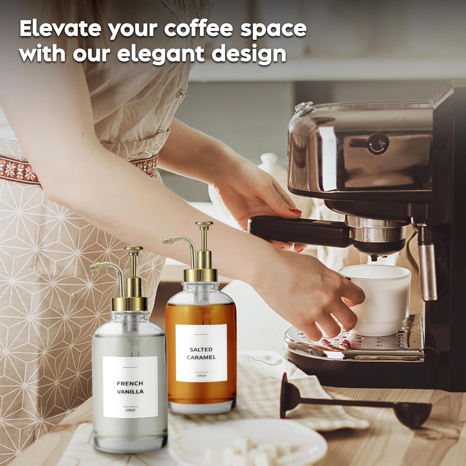 Thumbnail 4 de Spaceneat Coffee Syrup Dispenser with Pump (Glass) – 500 ml bottles, gold set with labels