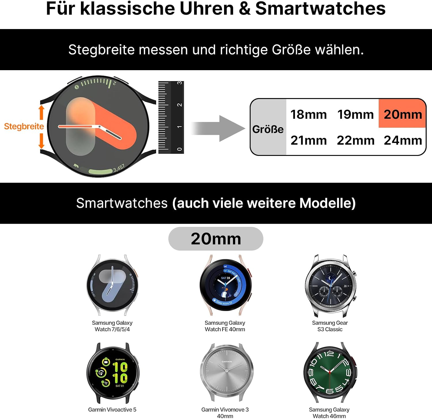 Detalle 2 de Fullmosa 20mm Lederarmband mit Schnellverschluss – kompatibel mit Samsung Watch, Garmin und mehr (Schwarz, Hardware Schwarz)