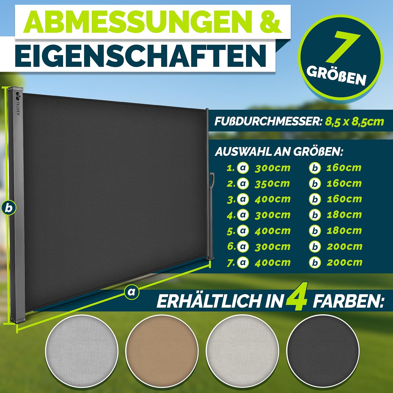 Thumbnail 6 de tillvex Seitenmarkise 160 x 350 cm – Ausziehbar, blickdicht mit Regencover, Wandhalterung