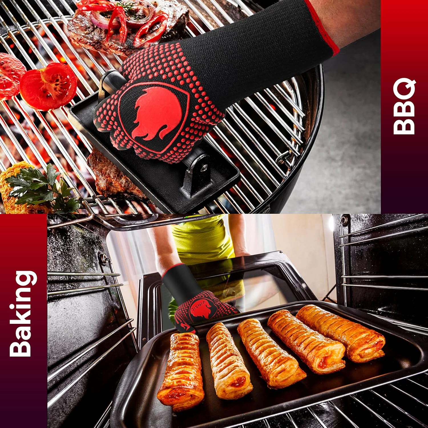 Detalle 2 de BBQ Gloves heat resistant oven mitts and grilling gloves (up to 1472°F/800°C) – aramid gloves with silicone grip (pair)