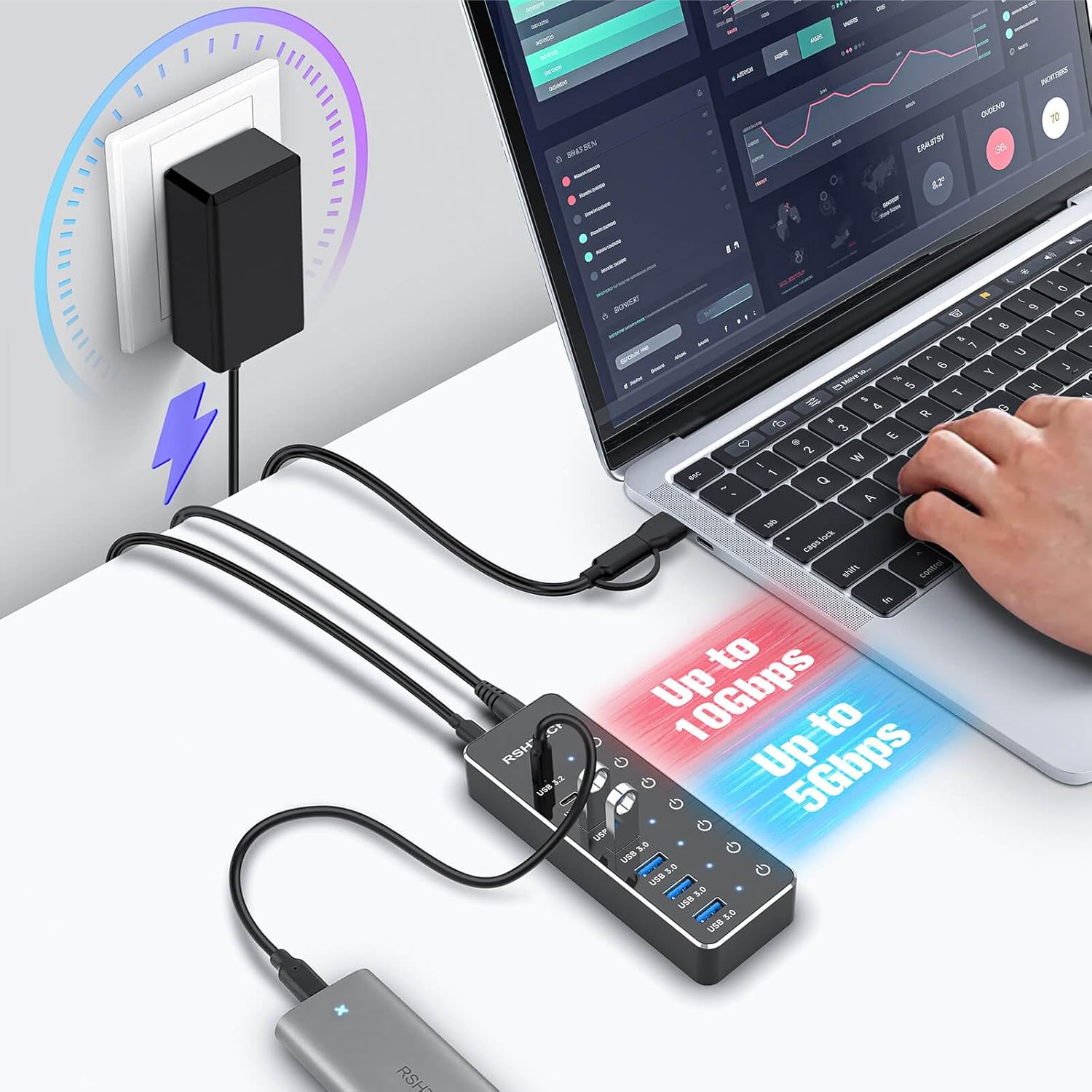 Thumbnail 2 de RSHTECH RSH-ST07C USB-C 3.2 Hub Aktiv mit Netzteil (7 Ports, 10Gbps/5Gbps, Touch-Schalter)