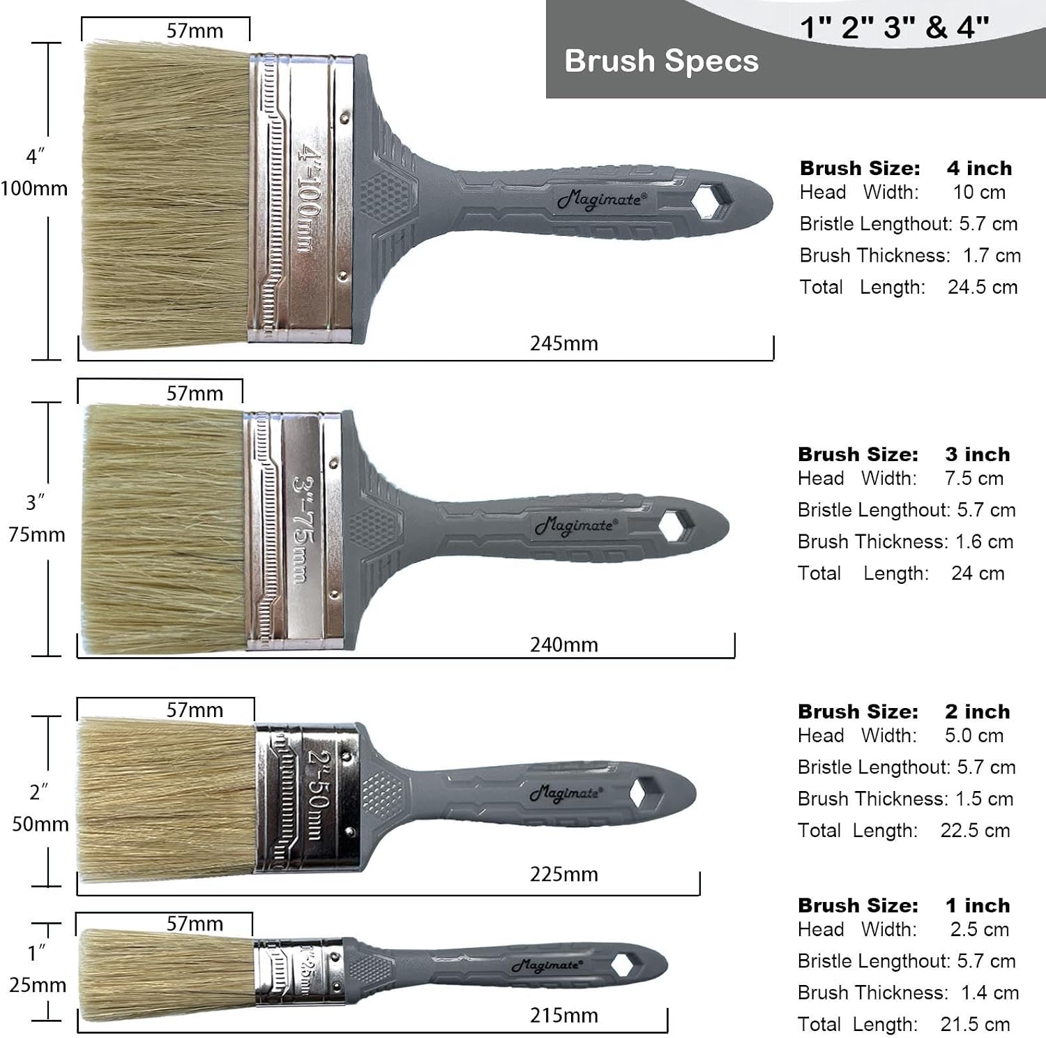 Detalle de Magimate Bristle Paint Brush Set (1–4 Inch) for Walls, Trim and Wood Finishes