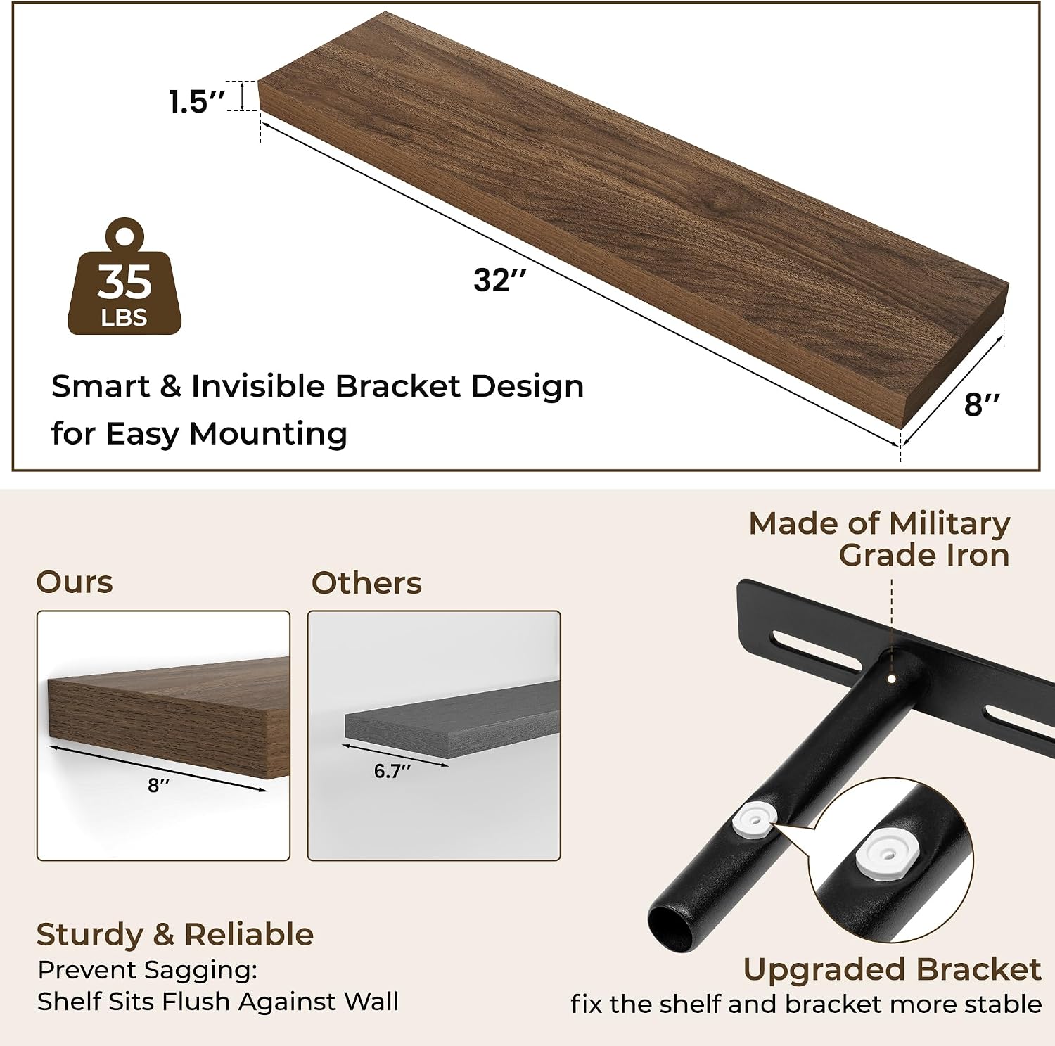Thumbnail 2 de RICHFOCUS 31.5-Inch Walnut Floating Shelves (2-Pack) with Invisible Brackets