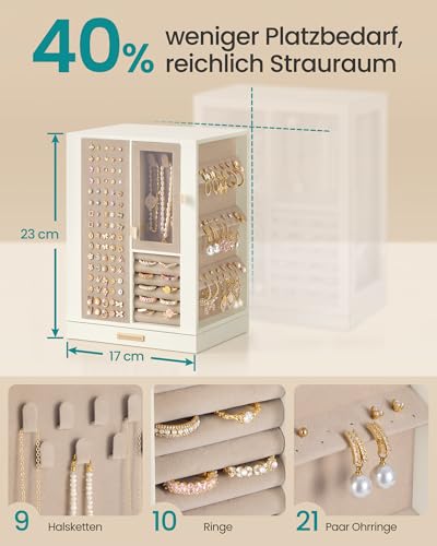 Detalle de SONGMICS Schmuckkästchen JBC211WD01, 360° drehbar, 4 Schubladen, cremeweiß
