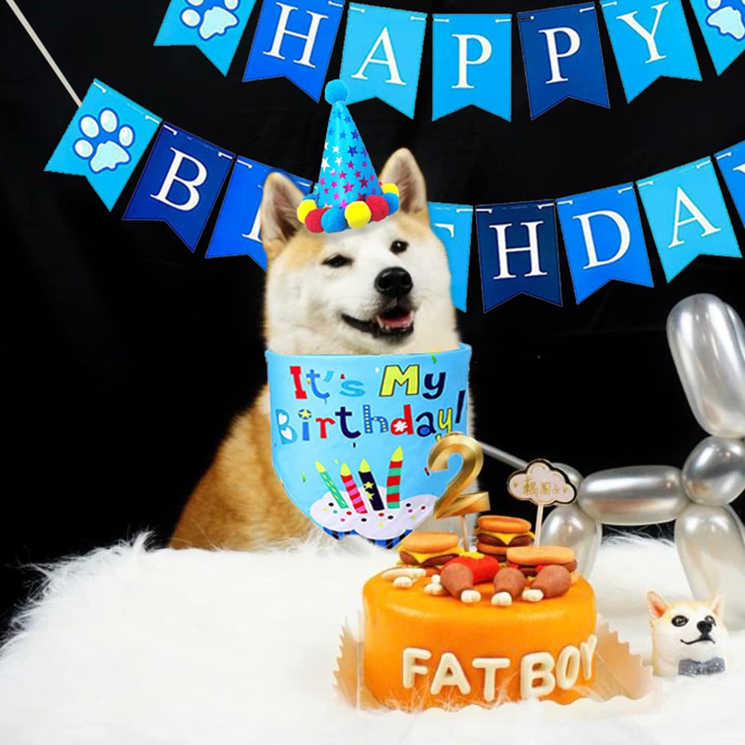 Thumbnail 5 de SUOXU Dog Birthday Party Supplies set with hat, bandana, bow tie, banner, balloons and ribbon