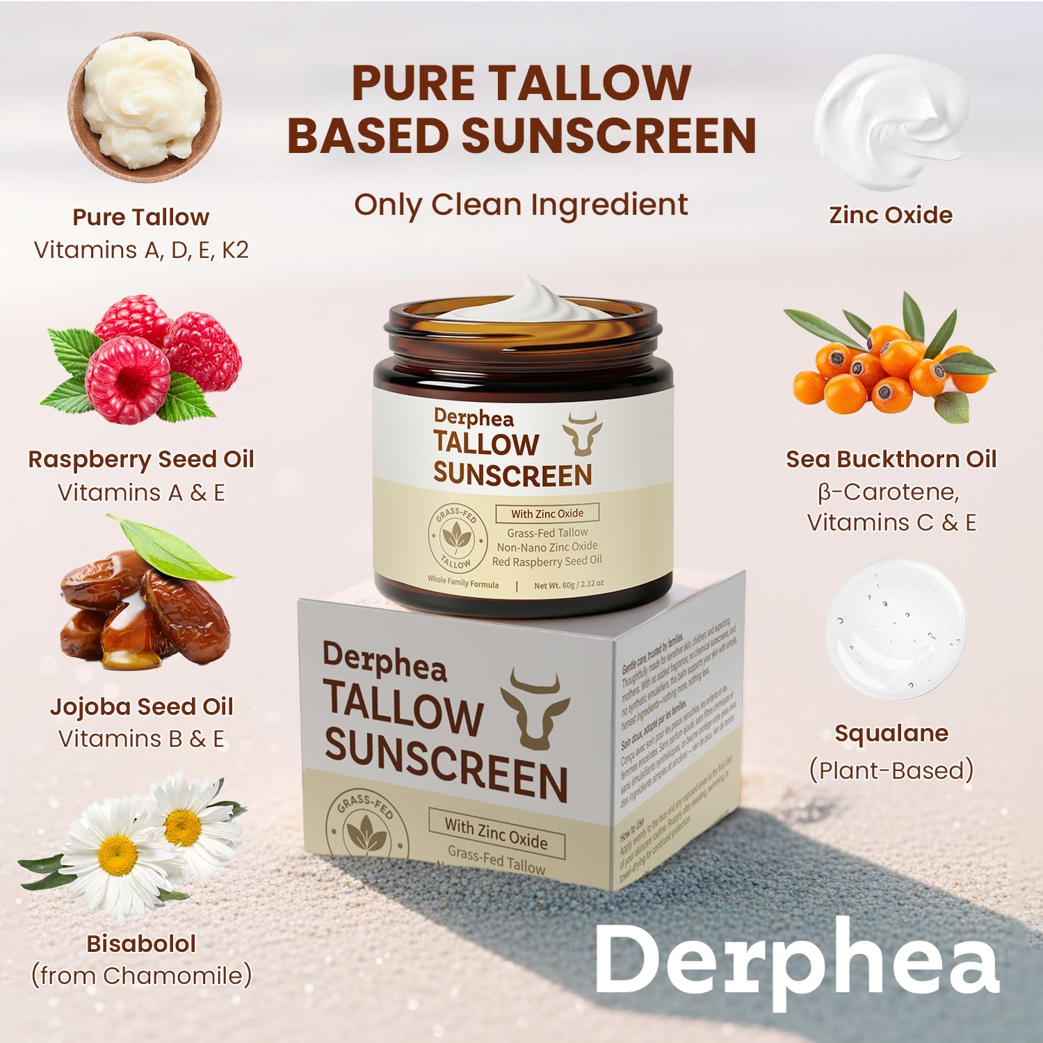 Thumbnail 2 de Derphea Natural Beef Tallow Sunscreen SPF 50 (22% Non-Nano Zinc Oxide) for Sensitive, Acne-Prone, Kid-Safe Skin