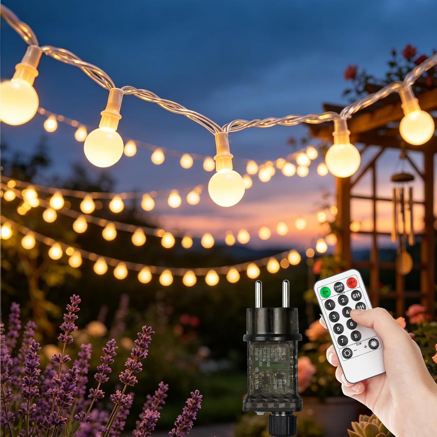Detalle de LED-Lichterkette Outdoor 27 m, 200 LEDs – IP44, warmweiß, dimmbar mit Timer und Fernbedienung