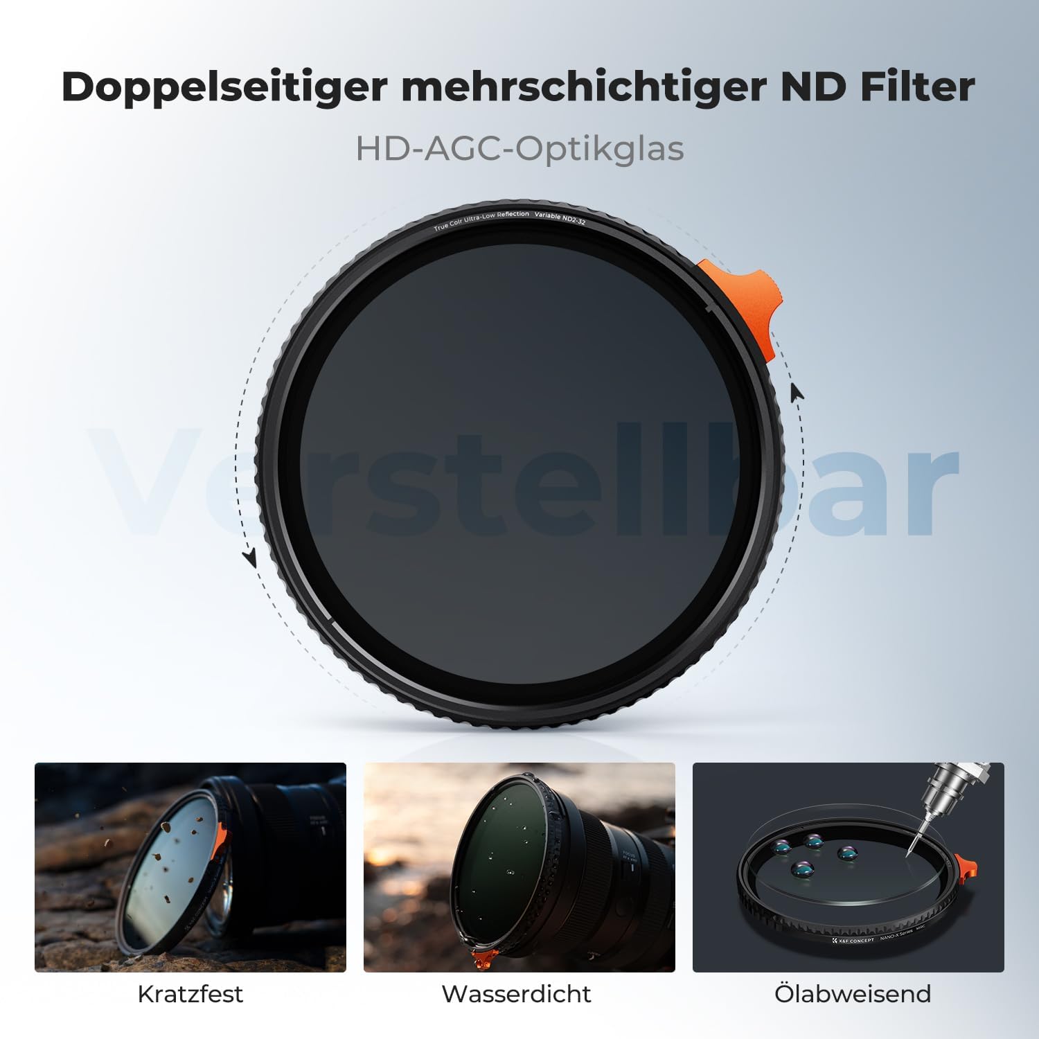 Thumbnail 5 de K&F CONCEPT Ultra-niedrige Reflexion & True Color Variable ND-Filter 49 mm (ND2–32) Nano Xcel