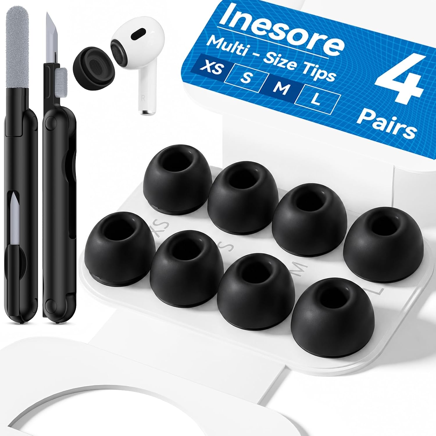 Detalle de Inesore 4 Pairs Replacement Ear Tips for AirPods Pro 2nd/1st Gen (Black) with Noise Reduction Holes, Dust Guard, and Cleaning Pen