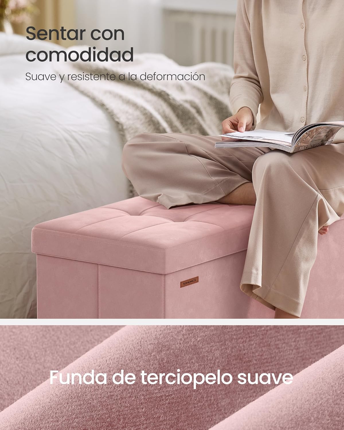 Thumbnail 3 de SONGMICS Puff Almacenaje 112 L terciopelo rosa