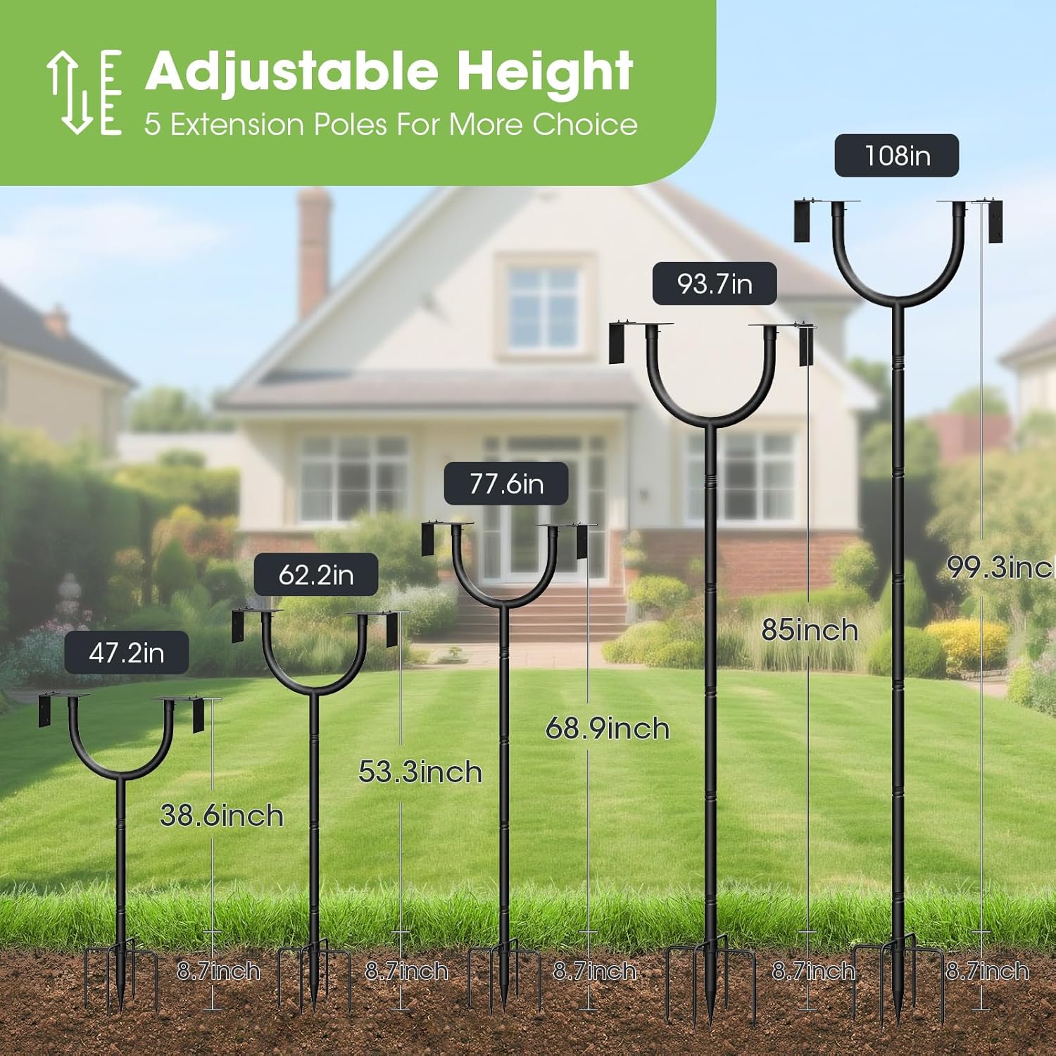Thumbnail 1 de MQHUAYU Adjustable Bird Feeder Pole (47–108 inch) with 5-Prong Ground Stake and Squirrel Baffle