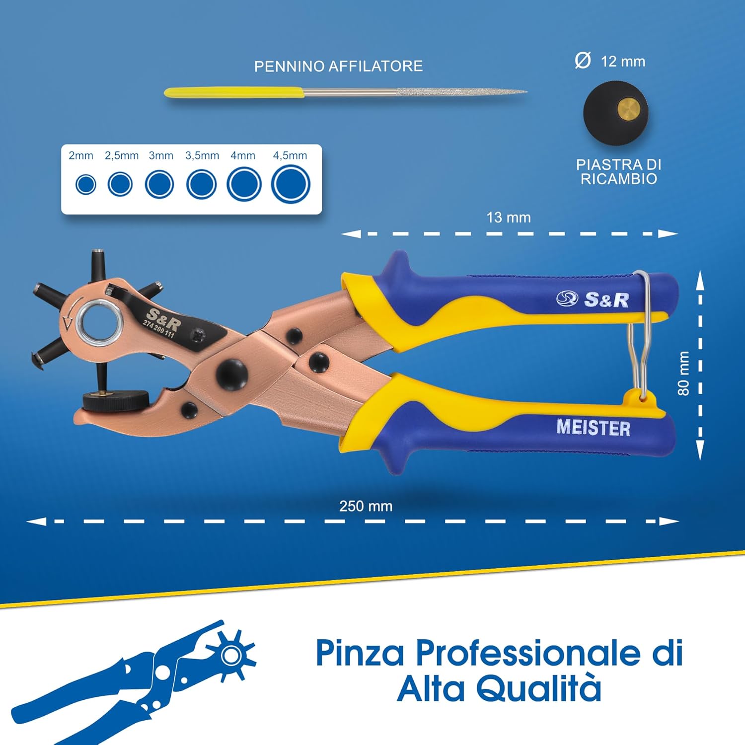 Thumbnail 2 de S&R Fustellatrice Buca Cinture: 6 Fustelle Tonde 2–4,5 mm, Pinza Professionale in Acciaio