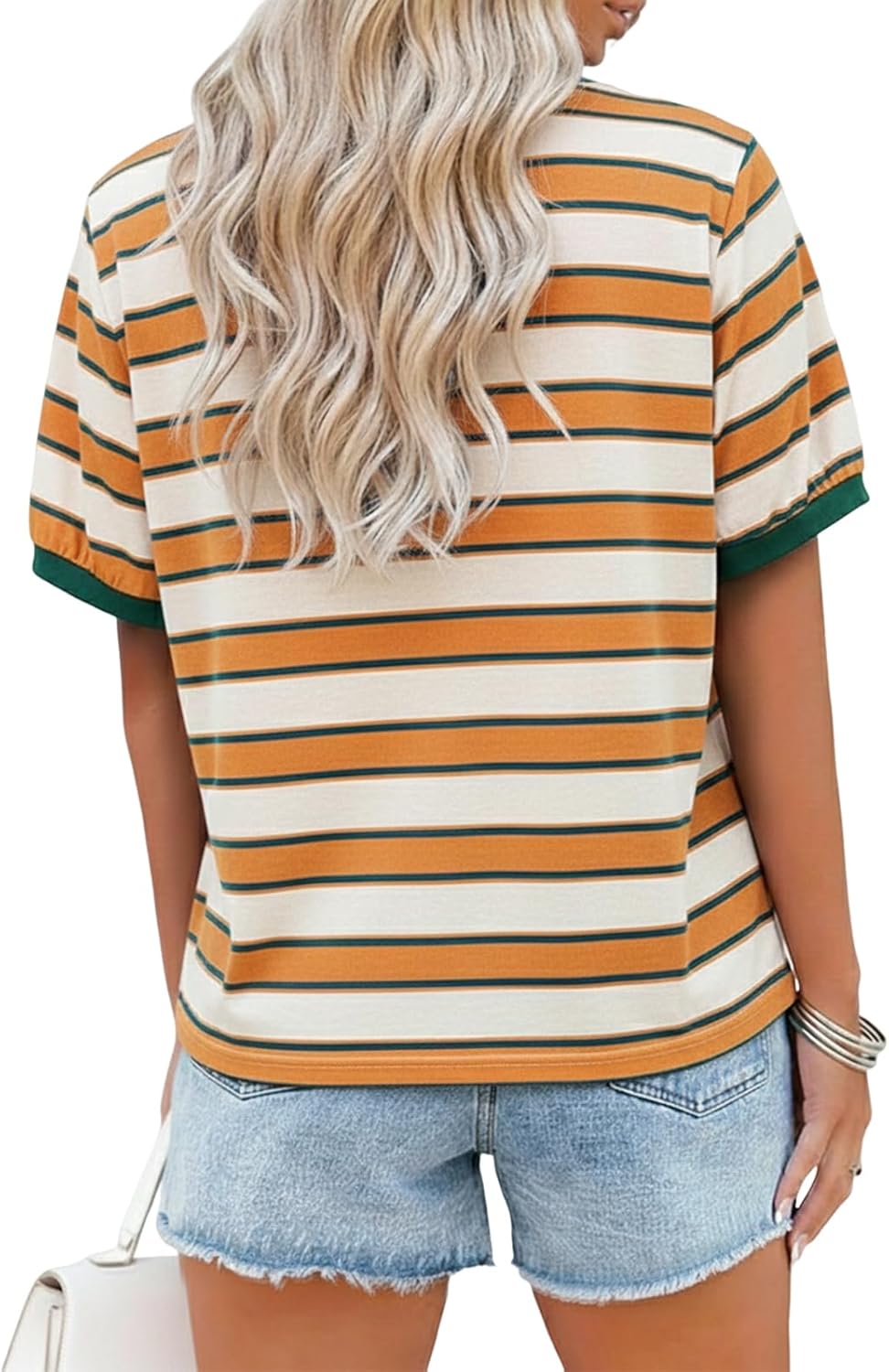 Detalle 2 de Cuptacc Damen T-Shirt Rundhals Locker Gestripes, Baumwolle – Sommer-Top mit Kontrast