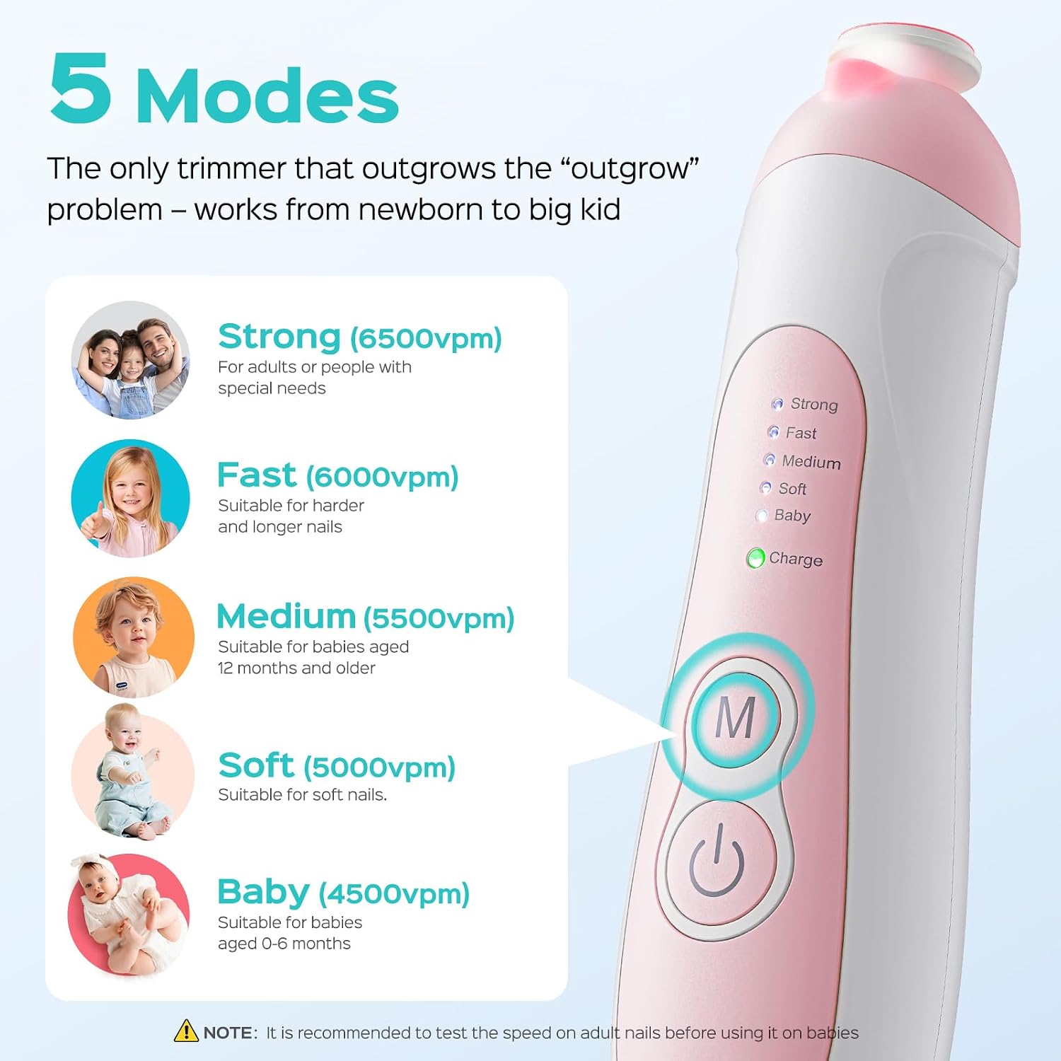Detalle 2 de COSLUS C52 Baby Electric Nail Trimmer, 5 Speeds, 6 Heads, Pink