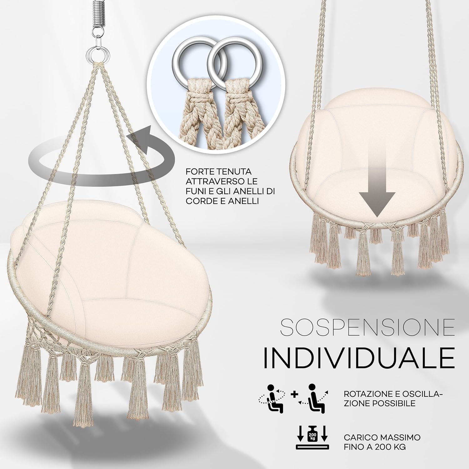 Detalle de Tillvex Poltrona Sospesa con grande cuscino: seduta comoda finora, portata 200 kg, per interno ed esterno