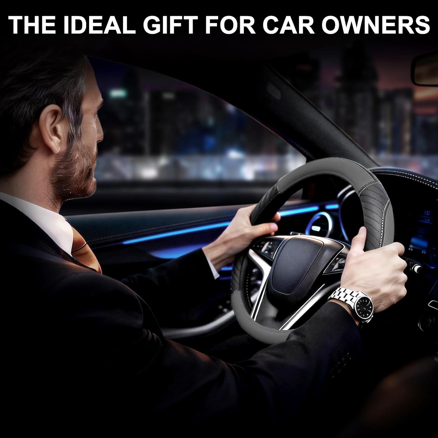 Thumbnail 4 de Universal Microfibre Leather Car Steering Wheel Cover (Soft, Anti-slip, Breathable) – 37–38cm / 14.5–15in, Grey