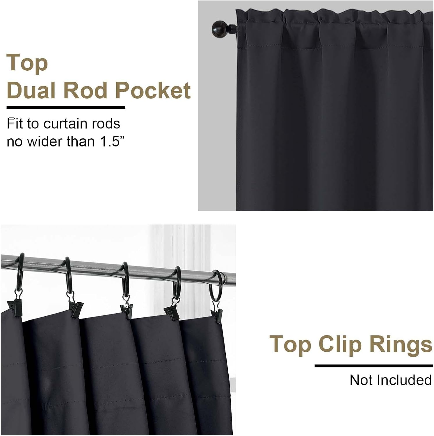Detalle de OVZME Blackout Curtains for Bedroom, 72-Inch Length, 2 Panels (80" Total Width) in Black