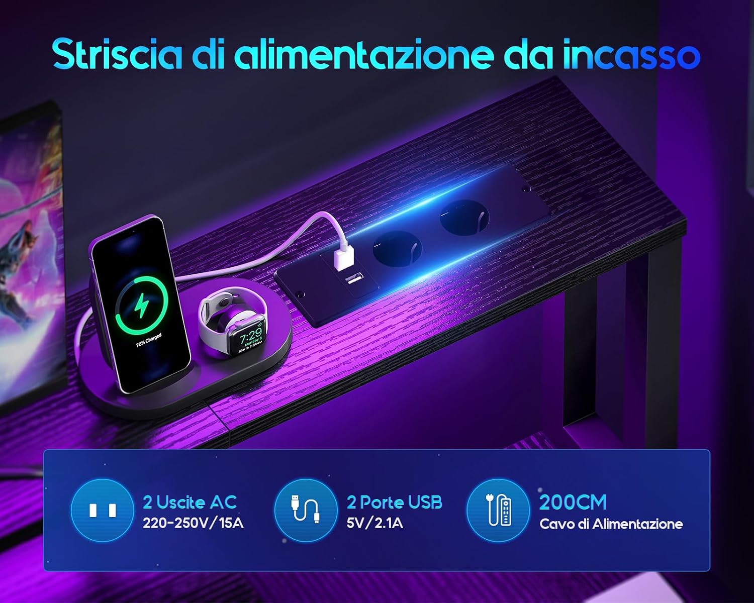 Detalle de Coleshome Scrivania Gaming con LED e Prese - 140x48 cm, cassetti in tessuto, vassoio tastiera e supporto monitor