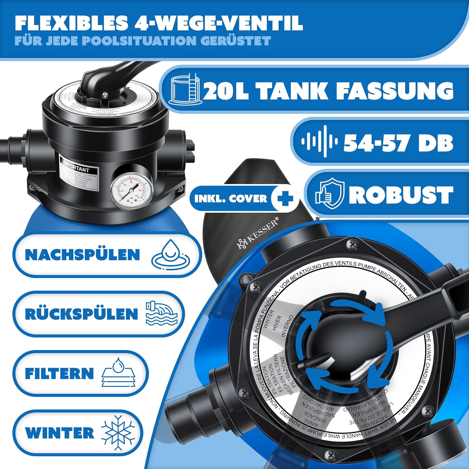 Detalle de KESSER Sandfilteranlage mit 10.200 l/h – inklusive 800 g Filterbälle und 25 kg Filtersand, 4-Wege-Ventil, blau