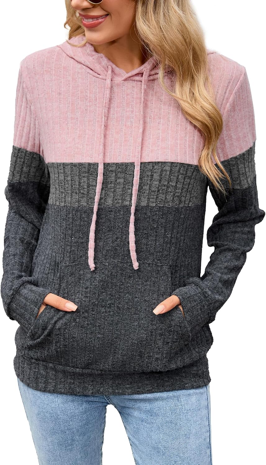 Detalle de Famulily Knit Hoodie for Women UK – Colour Block Ribbed Jumper with Pocket