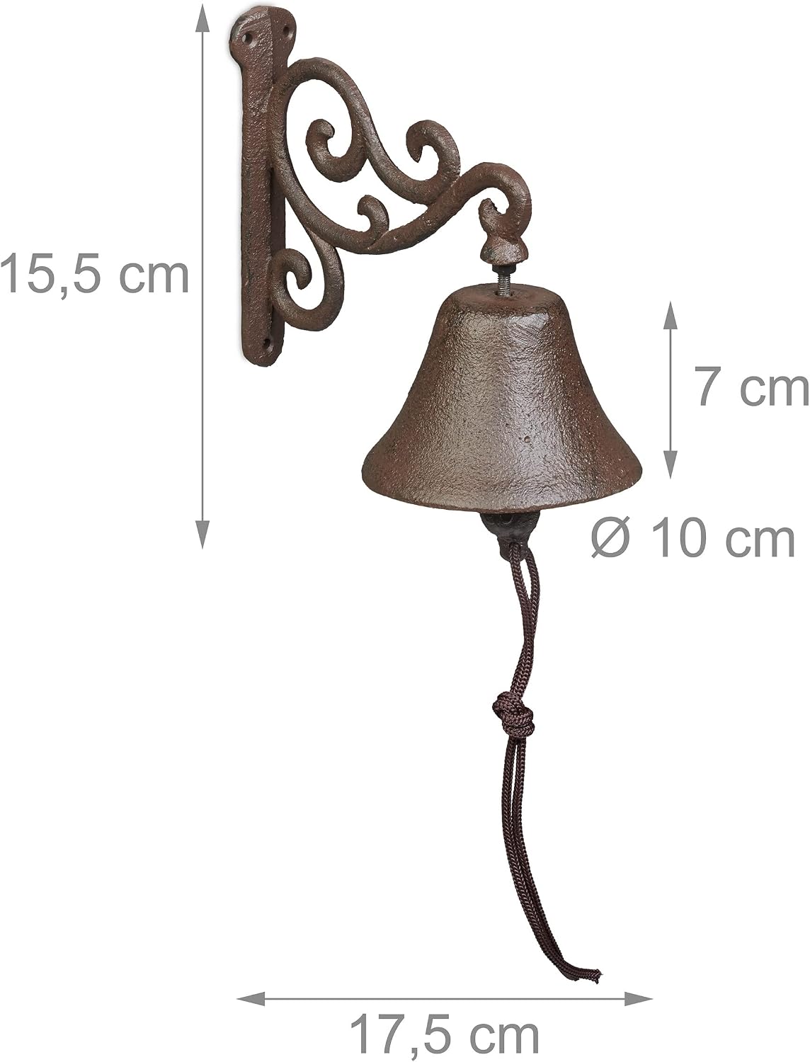 Detalle de Relaxdays 10044899 gietijzeren buitenbel met koord, bruin retrodesign