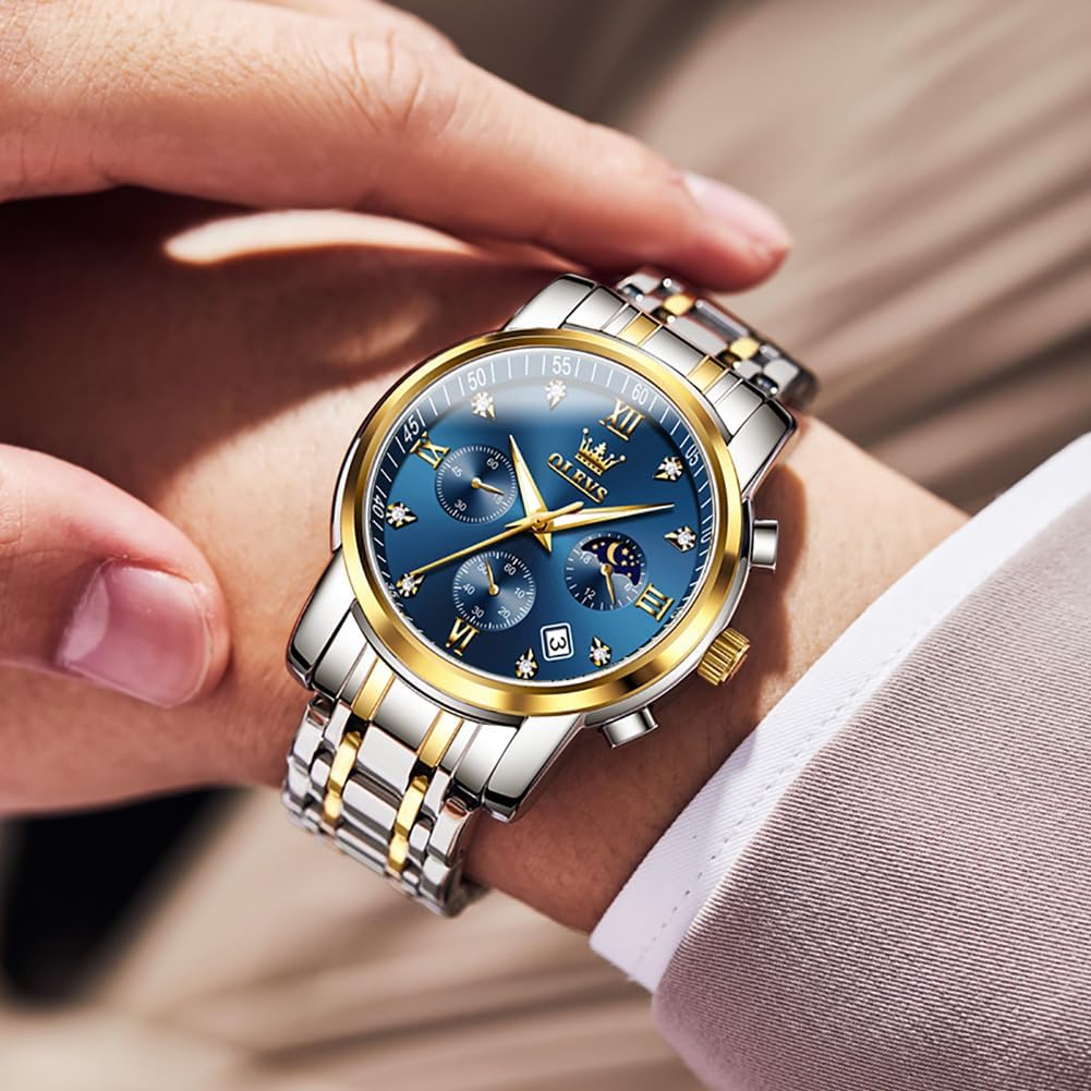 Detalle de OLEVS Herrenuhr schwarz mit Edelstahlarmband – Quarz, Datumsanzeige, 30 m wasserdicht