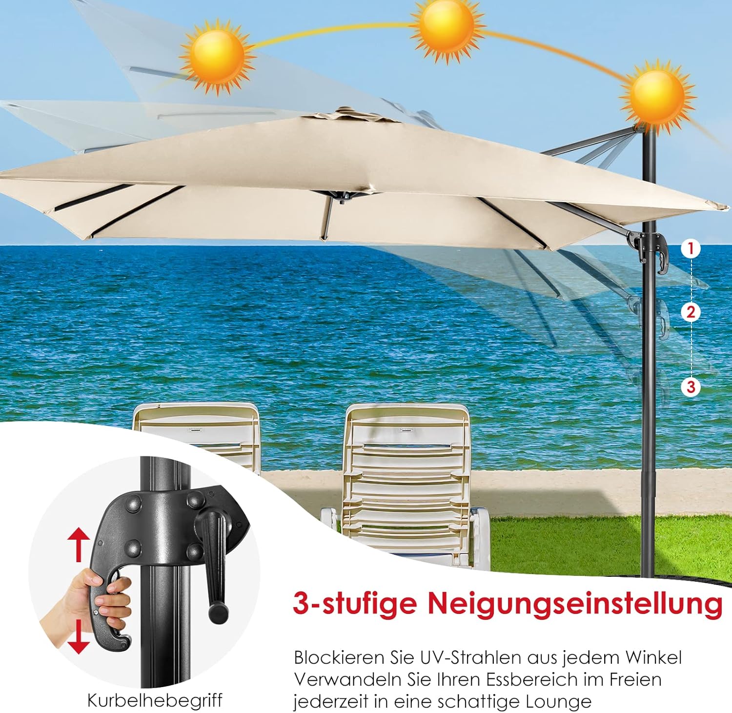 Thumbnail 3 de COSTWAY Sonnenschirm 300 × 300 cm quadratisch – Ampelschirm mit Kurbel, 360° Drehung, Neigbar, Beige