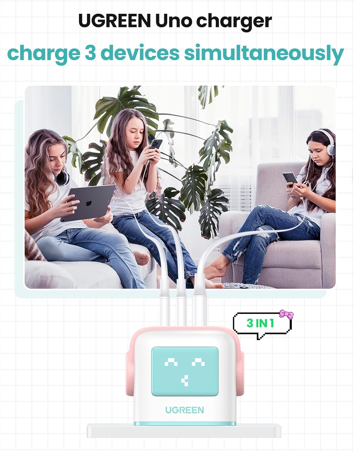 Detalle de UGREEN Uno Charger 65W USB-C GaN Nexode 3-Port (Blue) — 65W fast charger with charge-status display