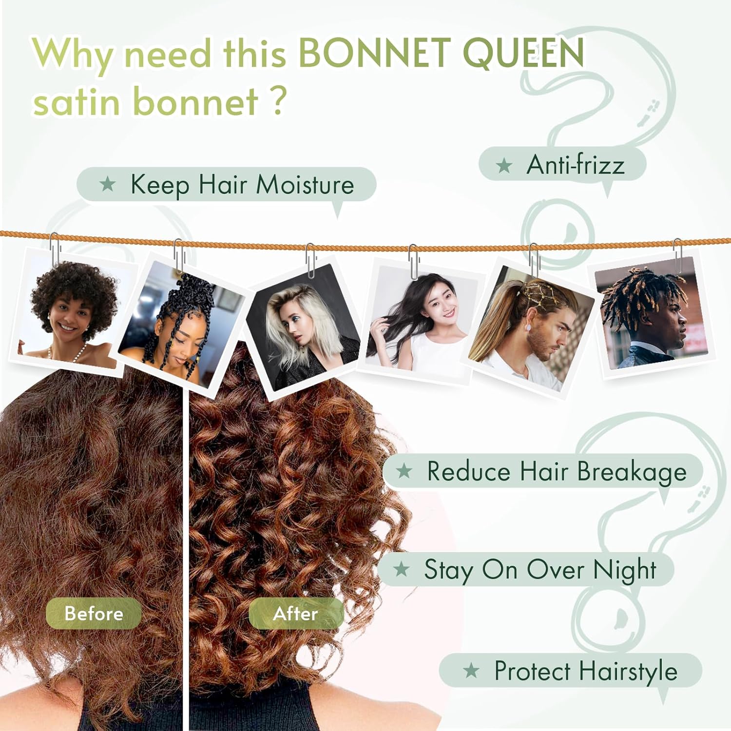 Detalle de Bonnet Queen Silk Bonnet for Sleeping Women (Sage Green) — Adjustable Tie Band Satin Night Cap for Curly Hair