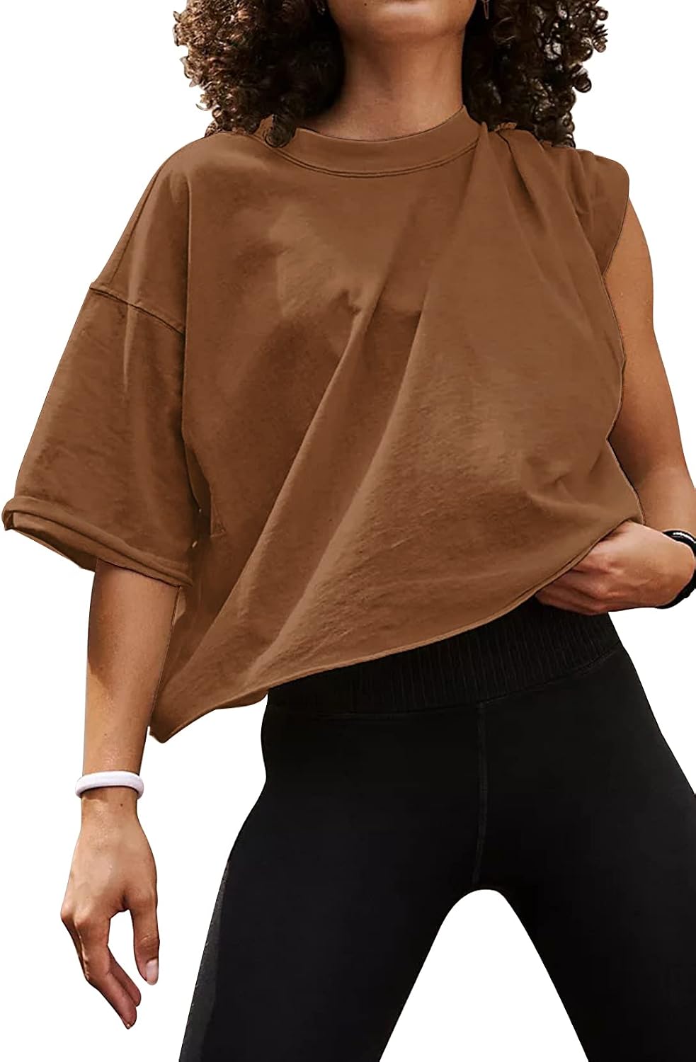 Detalle de Women's Oversize Workout Crop Tops Roll Hem Basic Loose Yoga Tee