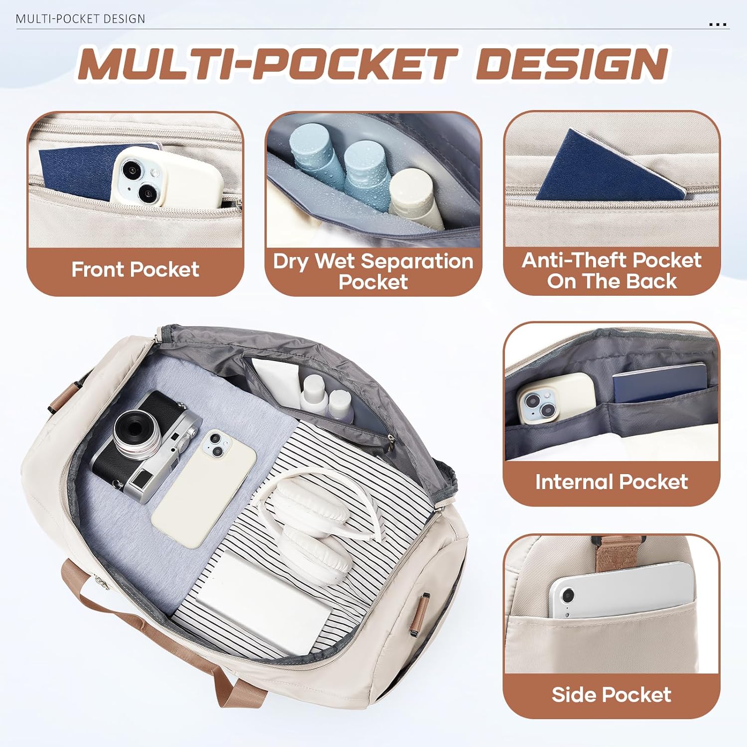 Thumbnail 5 de Easyjet Underseat Cabin Bag 45x36x20 cm (Beige Brown) – 32L Weekender with Wet Pocket and Shoe Compartment