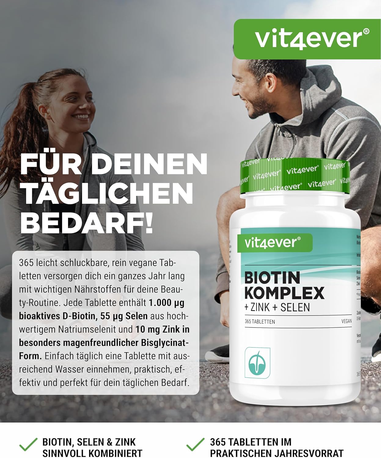 Thumbnail 1 de vit4ever Biotin Komplex + Selen + Zink – vegan, 365 Tabletten für Haut, Haare & Nägel