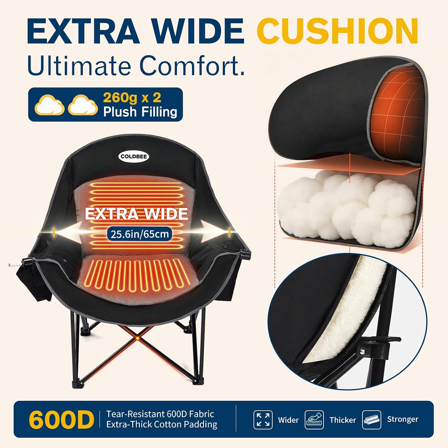 Detalle de Coldbee PW-RC749C-HS1 Heated Oversized Camping Chair, USB Heating, 500-lb Capacity