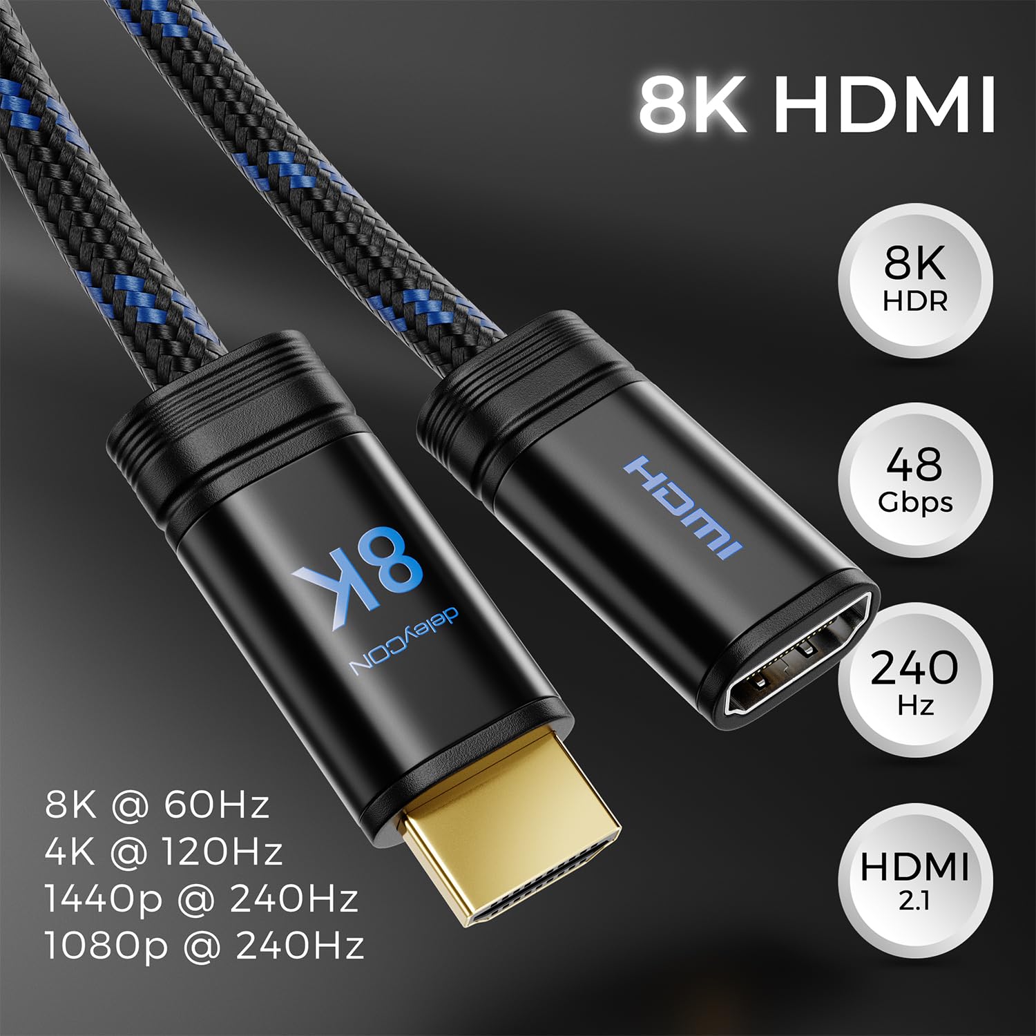 Thumbnail 4 de deleyCON 2m 8K HDMI 2.1 Verlängerungskabel – zuverlässige Kabelverlängerung für TV, Monitor und Konsolen