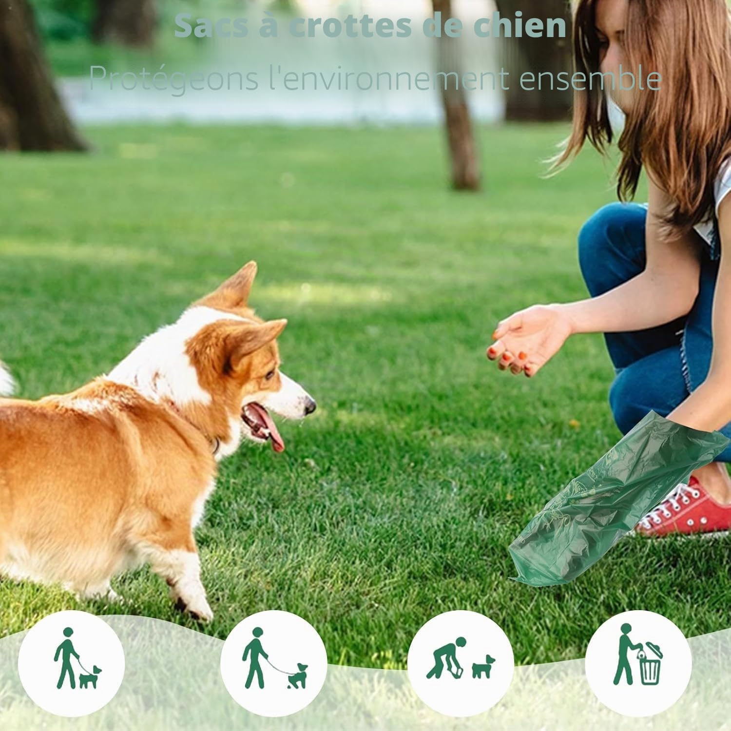 Detalle de OIRLVCE 240 sacs à crottes de chien, 24 rouleaux, vert – sans noyau, extra épais et anti-fuite