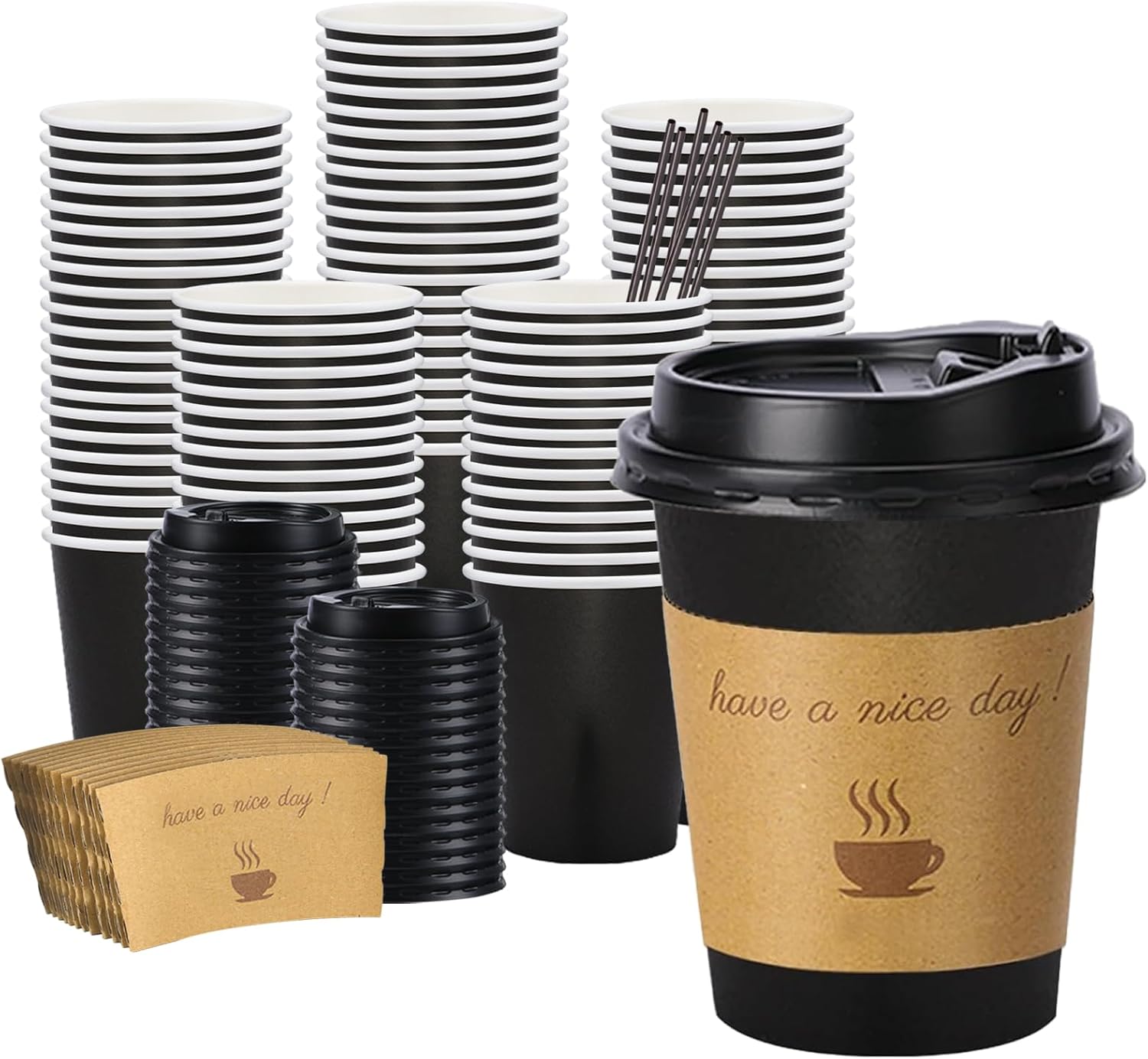Detalle de BYSNOW 100-Pack Insulated 12-Ounce Paper Coffee Cups with Lids, Sleeves & Straws