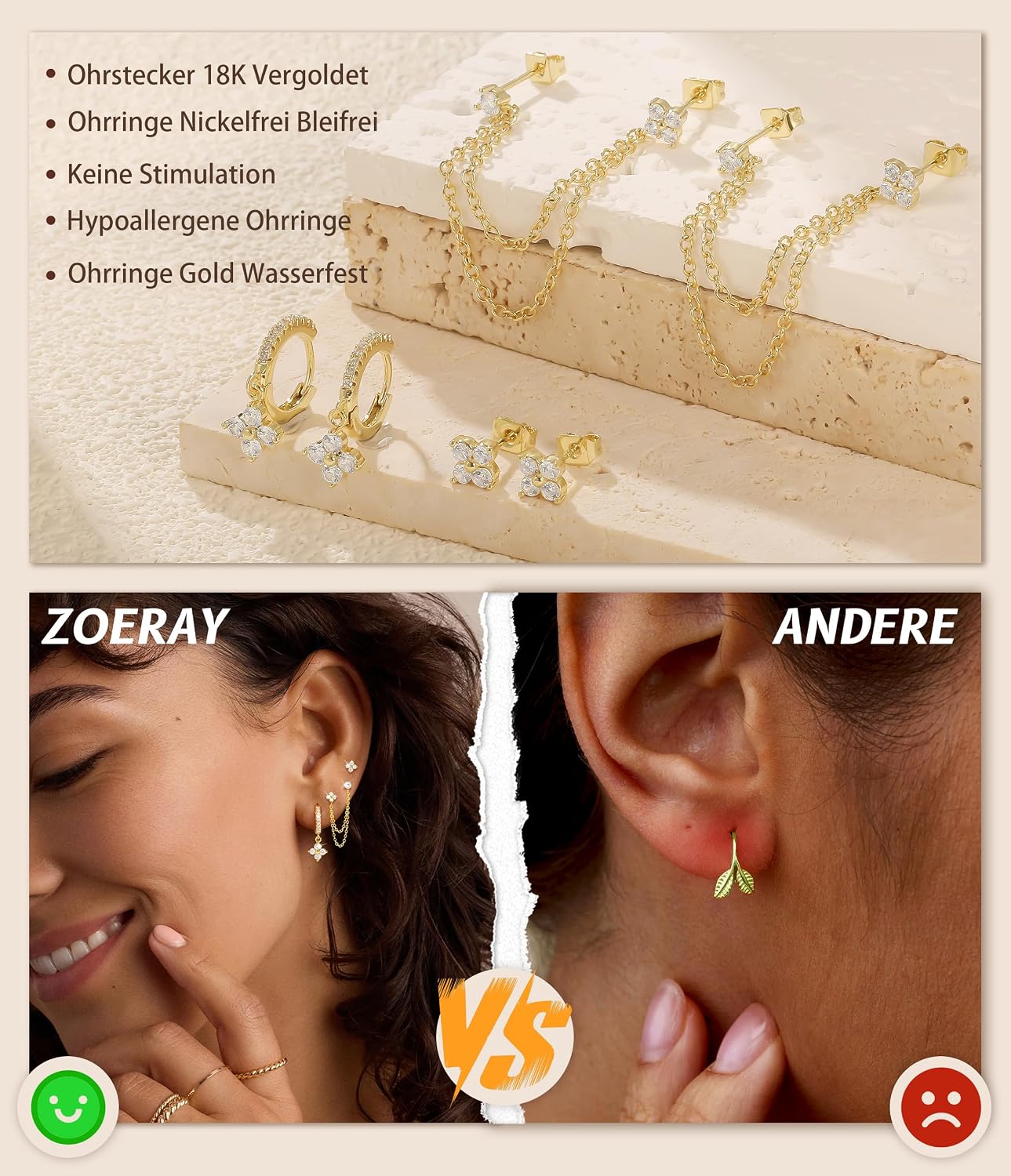 Detalle de ZOERAY 3 Paar Ohrringe Silber 925 / Gold – Vielseitiges 3er Set für Damen, wasserfest und hypoallergen