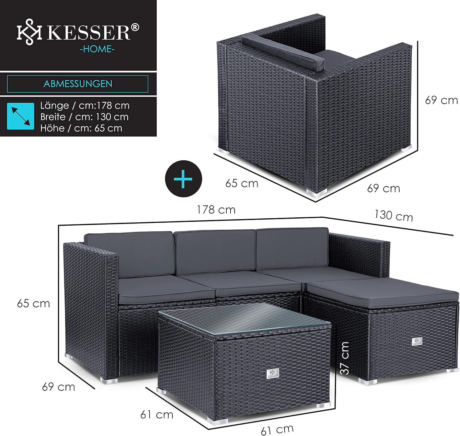Thumbnail 6 de KESSER® Polyrattan Lounge Aruba – Gartenlounge-Set für 4–5 Personen, Anthrazit