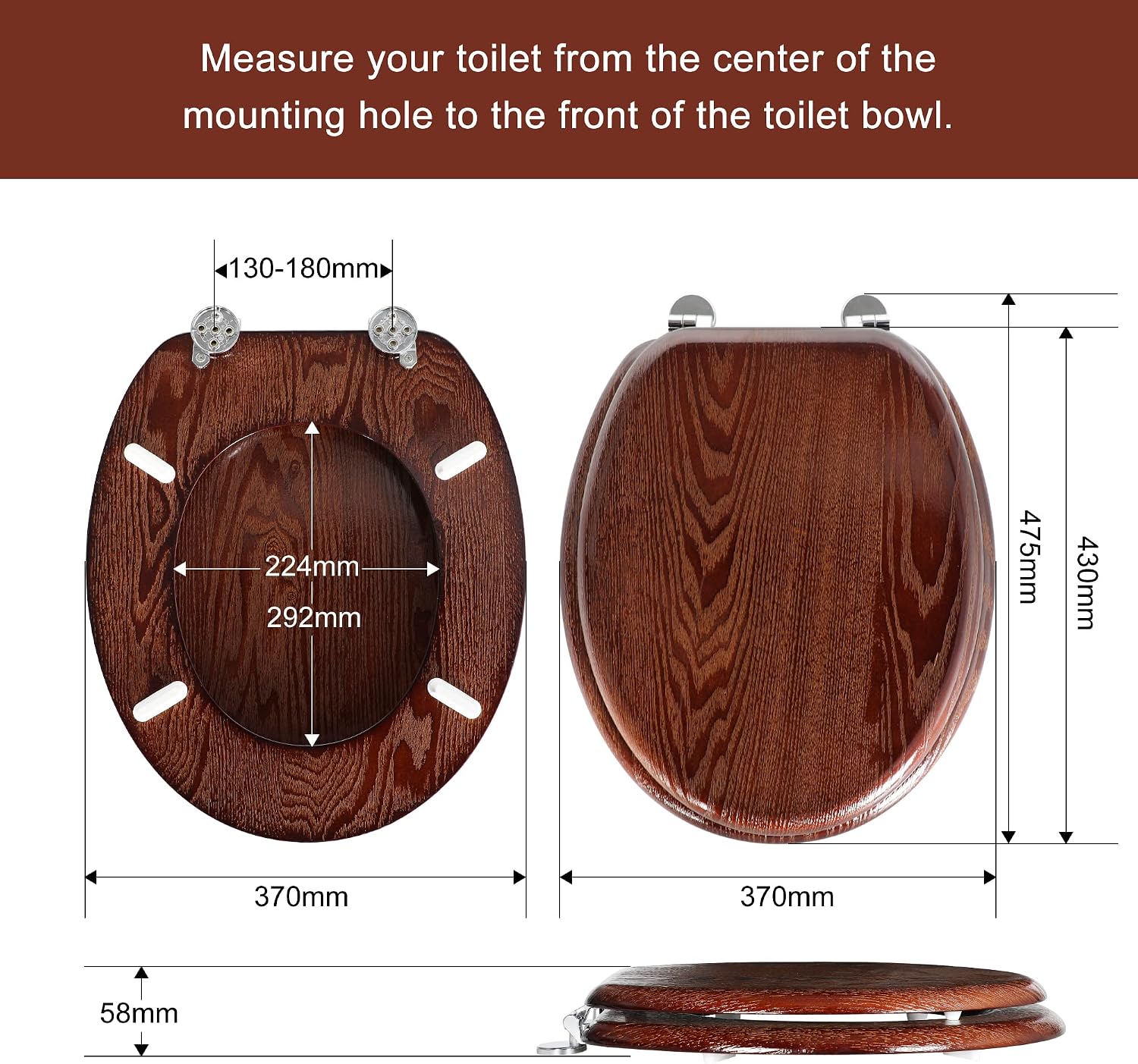 Thumbnail 1 de Angel Shield Natural Wooden Toilet Seat with Zinc Alloy Hinges (Dark Walnut) – Easy-clean, anti-pinch design