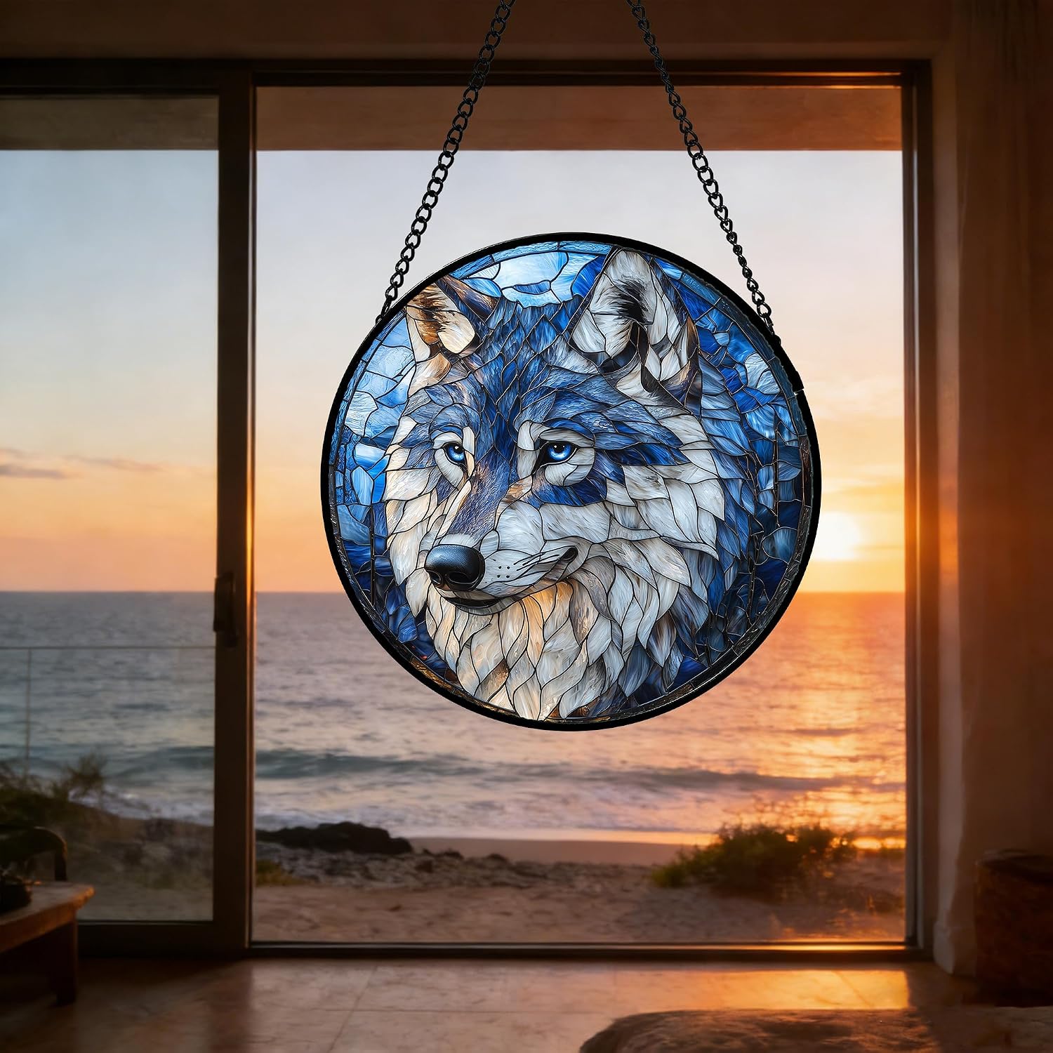 Thumbnail 4 de DASTOLL Blue Wolf Stained Glass Suncatcher, 9.8-Inch Blue and White Glass