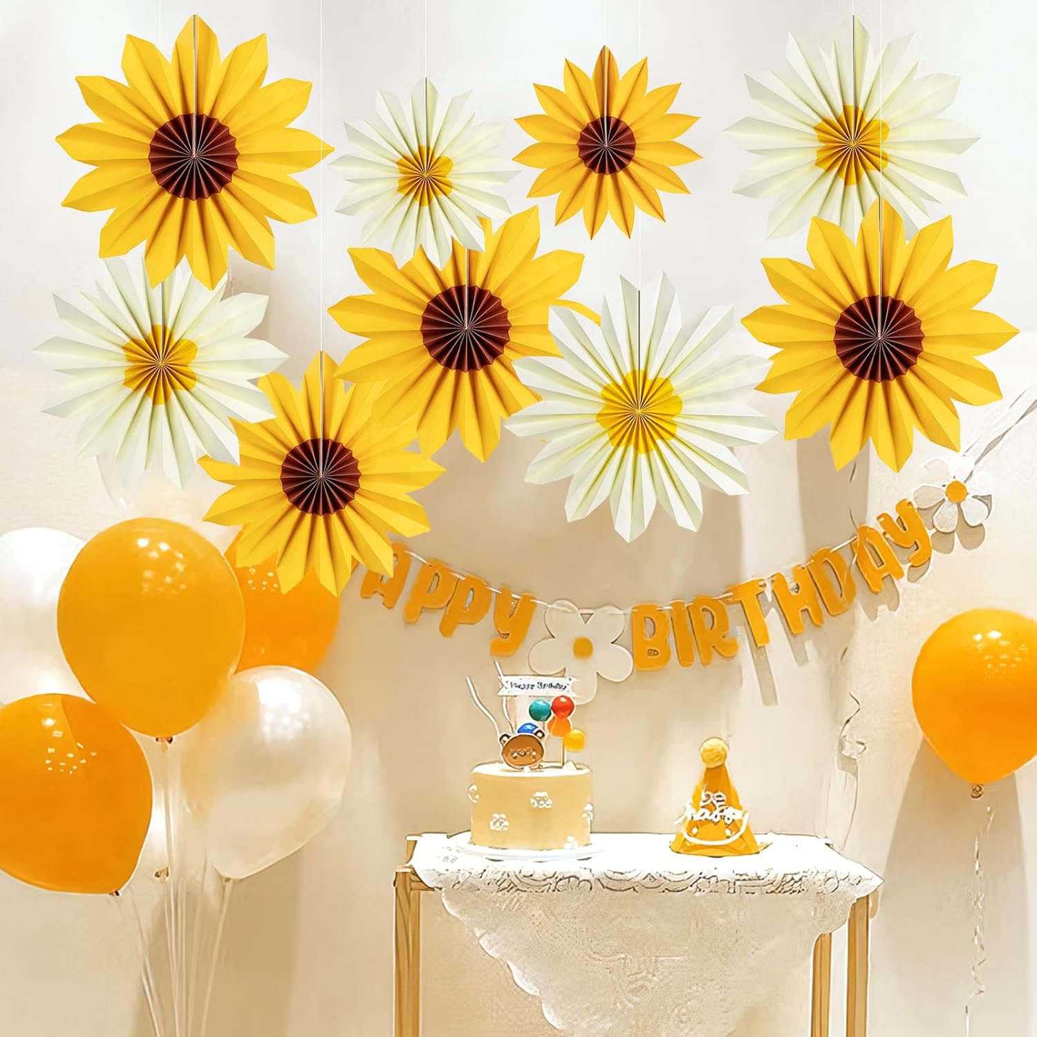 Detalle 2 de SUNBEAUTY 9 Pcs Sunflower Yellow Paper Fans Hanging Decorations