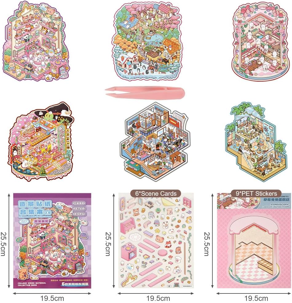 Detalle de Vicloon miniatuurstickerset met 3D-dierenscènes, 17 vellen en pincet